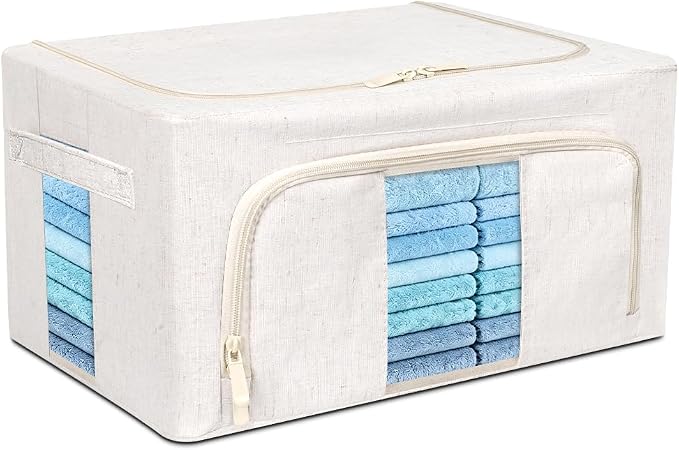 Foldable Clothes Storage Bins with Solid core powder-coated steel fram, 24/ 66L Storage Bags Fabric Box Organizer with Clear Window Zippers Sturdy Handles 2 Pack (Beige, 24L 1Pack) by Amengsen