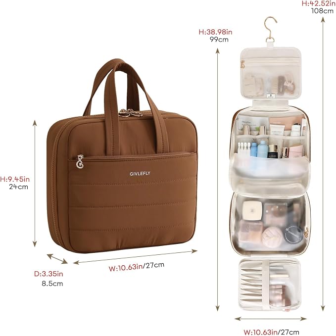 GIVLEFLY Luxury Hanging Makeup Bag for Women, Large 4-Layer Foldable Waterproof Cosmetic & Skincare Organizer with Handle, Fits Suitcase & Train Seat for Travel（brown） - Image 4