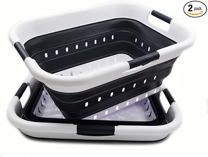 SAMMART 41L (10.8 gallon) Set of 2 Collapsible 3 Handled Plastic Laundry Basket-Foldable Pop Up Storage Container/Organizer-Space Saving Hamper/Basket (2, Black) by SAMMART