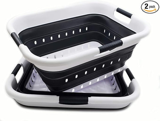 SAMMART 41L (10.8 gallon) Set of 2 Collapsible 3 Handled Plastic Laundry Basket-Foldable Pop Up Storage Container/Organizer-Space Saving Hamper/Basket (2, Black) by SAMMART