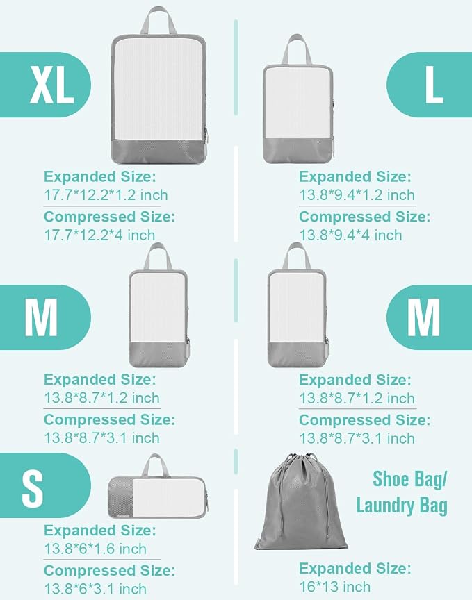 WOOMADA Compression Packing Cubes for Suitcases Travel Essentials 6 Set Rectangle Mesh Expandable Travel Bags Organizer for Luggage - Image 2