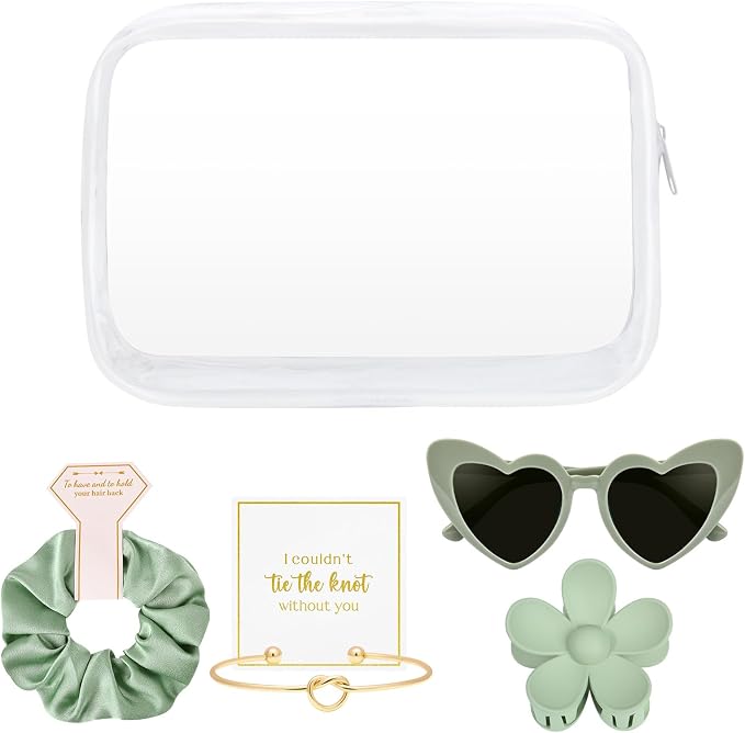 DEEKA 5 Pcs Bridesmaid Proposal Bag Set Gift Clear Makeup Toiletry Bag Bachelorette Party Favors Sunglasses Flower Claw Clips Scrunchies Knot Bracelets Bridal Wedding Party Gifts (Sage Green) - Image 9
