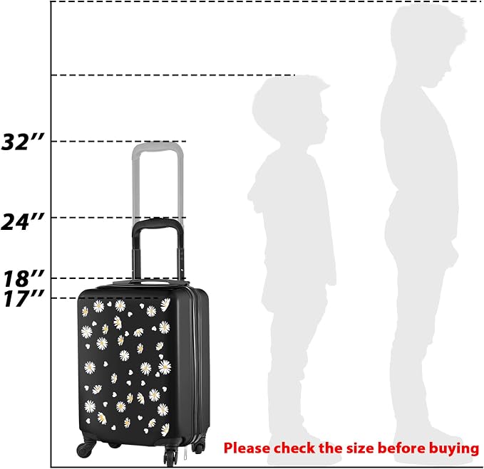 Redbaker 6 Pcs Luggage Set, 17 Inch Rolling Suitcase with Backpack, Lunch Bag and Neck Pillow, Black Daisy Travel Set for Summer Vacation, Weekend Trips and Sleepovers - Image 3