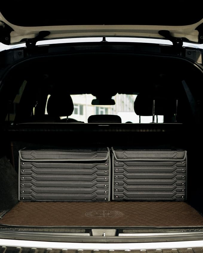 Owleys Car Caddy Organizer Set - 17.7" + 21.6" SUV Trunk Organizer Bundle For Road Trips, Groceries & Tools - Foldable Crates With Magnetic Lids - Stylish Gift For Men - Black Highway - Image 6