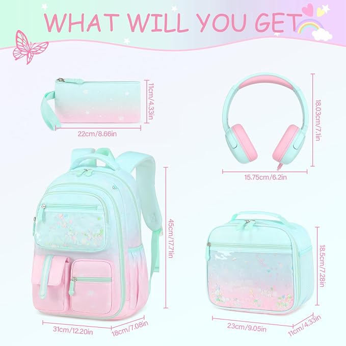 ACESAK Kids Backpack for Girls, Mermaid Backpack Set with Over-ear headphones, Lunch Bag Set for School, Girls Backpack for Elementary Middle school Teen Student(Pink Green) - Image 2