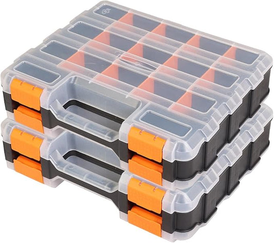 Jack Boss Tool Box with Transparent Lid, Double Side 34-Compartments Organizer Box with Removable Dividers for Hardware, Screws, Bolts, Nails, Beads, Jewelry and Fishing Accessories, Orange, 2 Pack by JACKBOSS