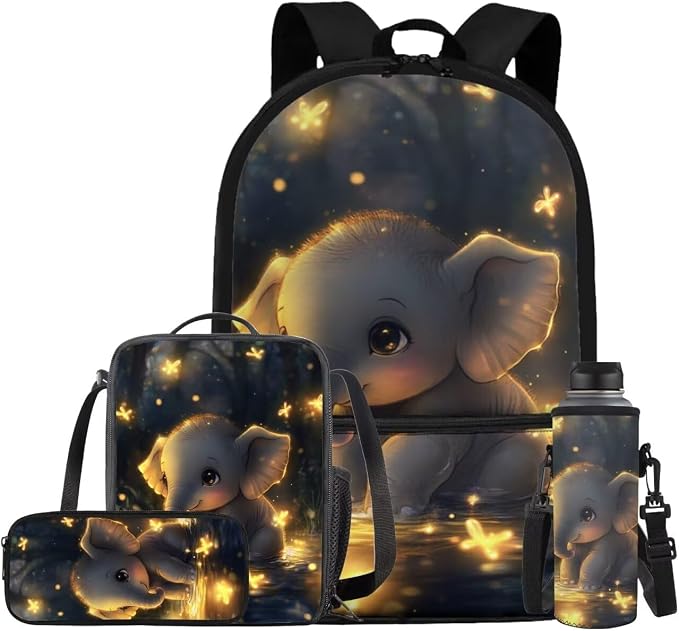 Cute Elephant Backpack for Kids Girls Backpack with Lunch Box Water Bottle Carrier and Zipper Pencil Case 4PCS Set Sturdy Bookbag with Front Pocket 17 inch Lightweight Elementary School Bag by ELEDIZI