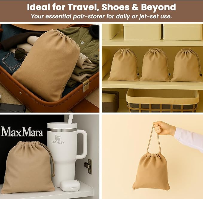 LFH Cotton Rich Shoe Storage Bags with Drawstring, Dustproof Breathable Reusable Organizer, Perfect For Travel, Dorm, Hotel, College, Gym, Easy to Carry, Machine Washable 8"x17" (Pack of 4) - Beige - Image 6