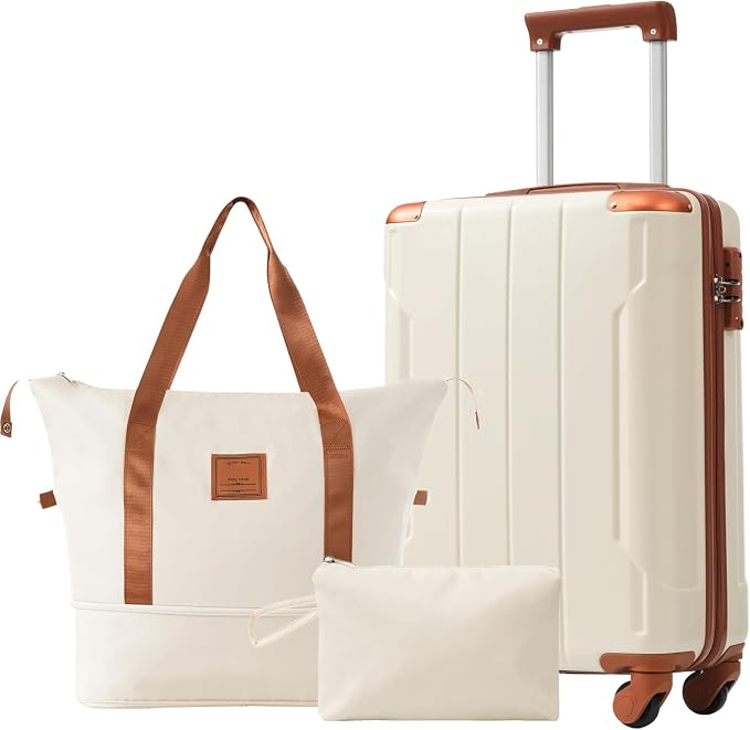 20 Inch Carry On Luggage 3 Piece Set, ABS Hard-side Lightweight Suitcase with a Travel Duffel & a Toiletry, Durable Spinner Wheels Luggage for Business Trip & Weekend Getaway, White Brown by LUCCALILY