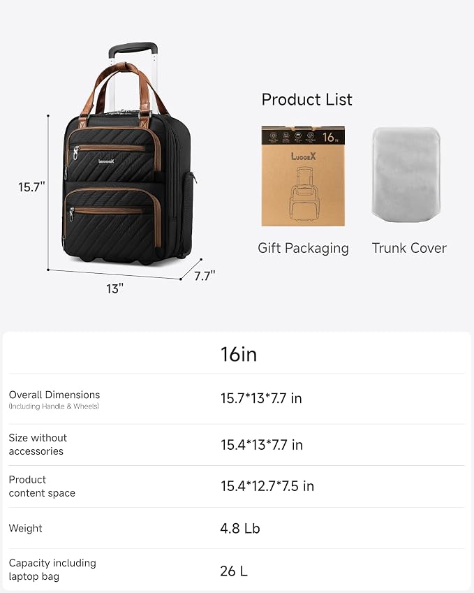 LUGGEX Underseat Carry On Luggage with Wheels, Stylish Lightweight Under Seat Luggage, Soft Sided Personal Item Suitcase for Short Trip (UX-Core, Chestnut Black, 16 Inch) - Image 7
