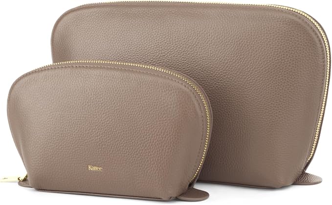 Kattee Leather Makeup Bag, Travel Cosmetic Bag Set, Toiletry Bag Organizer for Women, 2-PACK, Khaki by Kattee