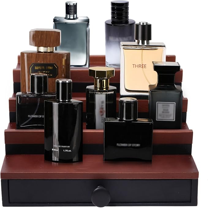 4 Tier Men's Cologne Organizer, Wooden Stand with Drawer Storage, Two Tone | Cologne Shelf and Rack, Perfume Tray, Hidden Storage, Countertop Dresser Display, Birthday Christmas Gift for Men - Image 8