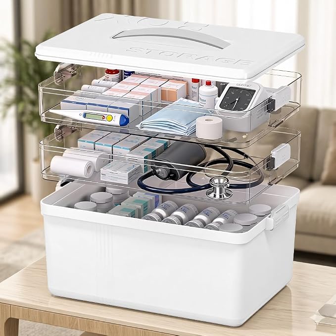 Citylife 3-Tier Medicine Cabinet Organizer,Medicine Cabinet First Aid Kit with Handle,Portable Multi-Purpose Storage Box Suitable for Family Emergency,Home,Travel,White by Anywish