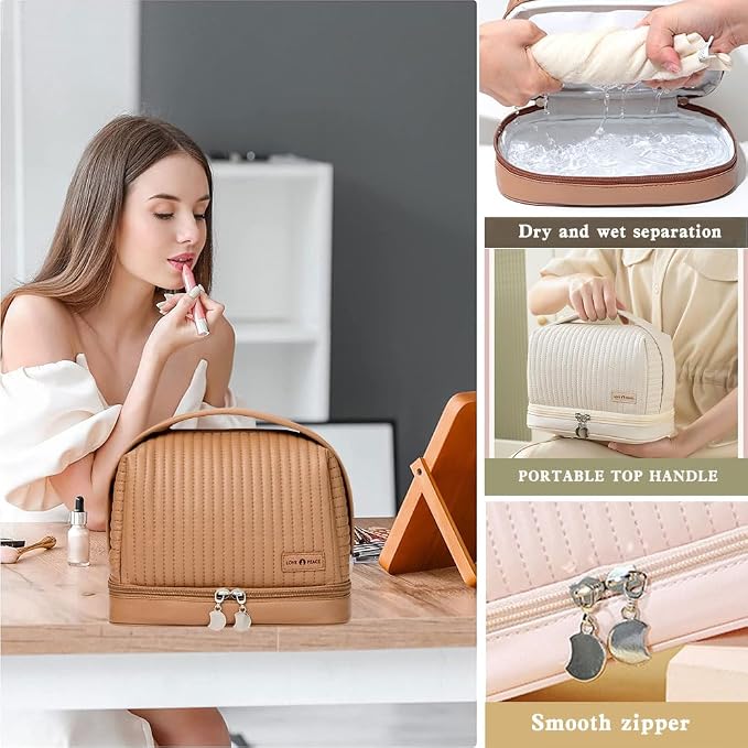 Women's Cute Cosmetic Bags Travel Toiletry Bag Waterproof Leather Cosmetic Bag Set with Handle Zipper Portable Makeup Bags Storage Bag On-the-Go Cosmetic Bag（Brown） - Image 4