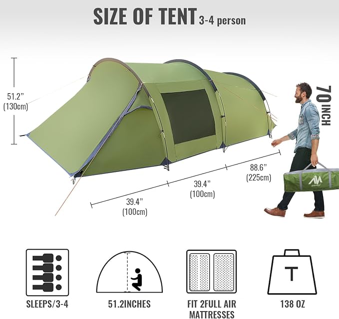 Camping Tents 2-4 Person, Double Layers Waterproof Backpacking Tents with Porch Quick Easy Set Up 2 Doors 4 Seasons Tents with Portable Carry Bag for Beach Picnic Hiking Travel Sports Outdoor - Image 5