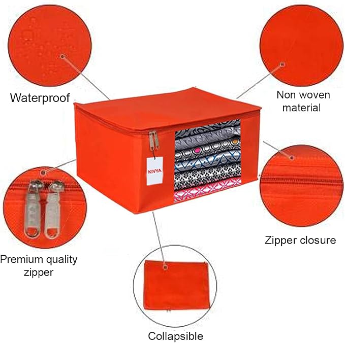 KIVYA Non Woven saree cover set for wardrobe organizer clothes storage bags for closet cloth organiser, Red - set of 4 - Image 2