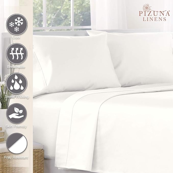 Pizuna 400 Thread Count Cotton Twin XL Flat Sheets Off White 1pc, 100% Long Staple Cotton, Soft Sateen Bed Flat Sheets with Stylish 4 Inch Hem (Off White 100% Cotton Flat Sheet Twin XL) - Image 2