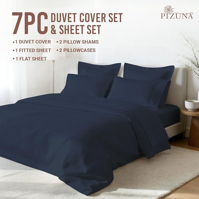 Pizuna Pure 100% Long-Staple Cotton Duvet Cover + Sheet Set Full, Luxurious 400 Thread Count Long Staple Cotton, Soft Sateen Weave Bedding Set (Dark Blue) - Image 3
