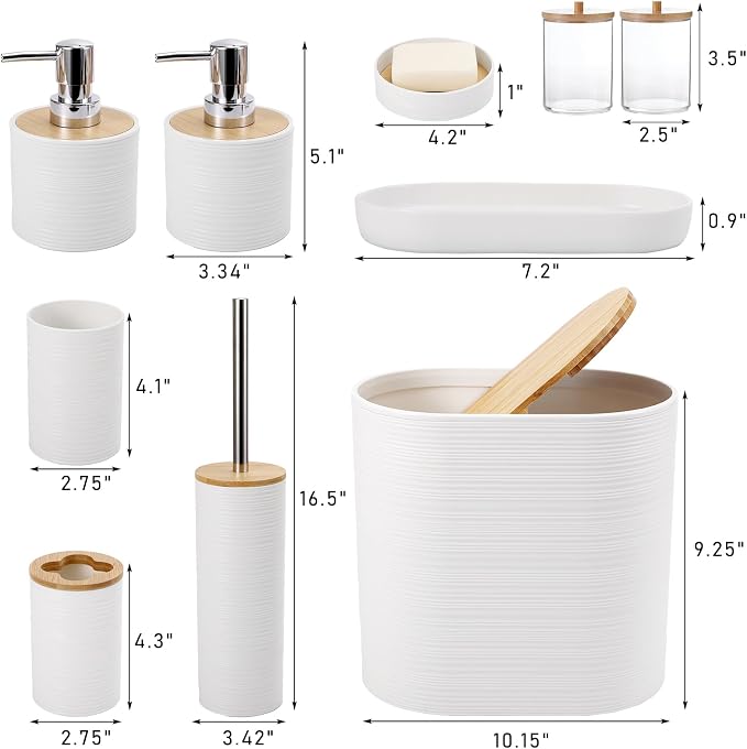 XLHOMO White Bathroom Set, White Bathroom Accessories Set with Trash Can, 2PCS Soap Dispensers, Soap Dish, Toothbrush Holder, Toothbrush Cup,Toilet Brush, Tray and Qtip Holders for Bathroom Decor - Image 6