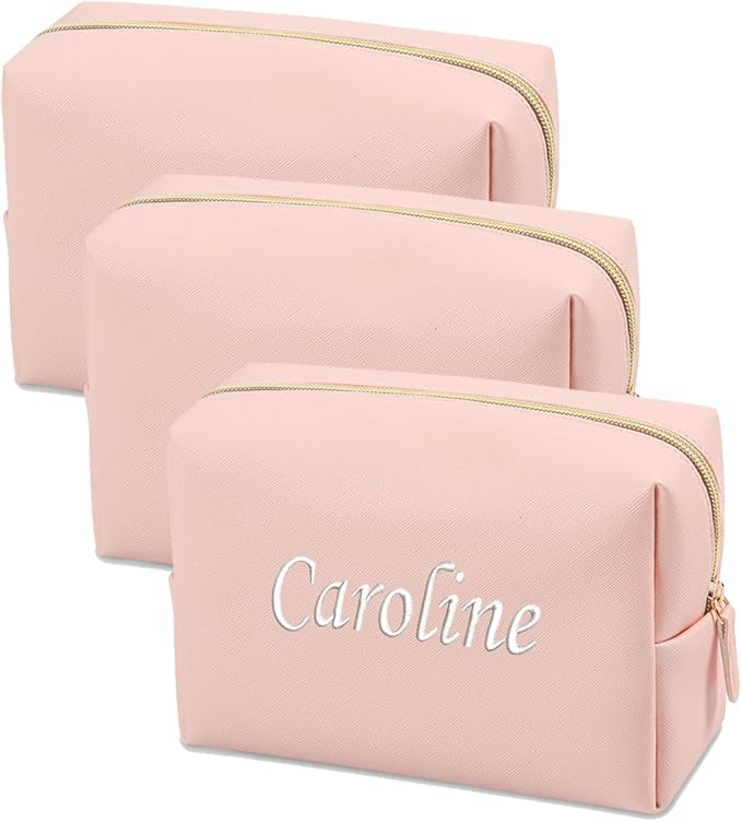 GOPHIE Personalized Embroidered Makeup Bag, Toiletry Bag for Women, Large Cosmetic Travel Bag, Gift For Bridesmaid，Set of 3, Pink by GOPHIE