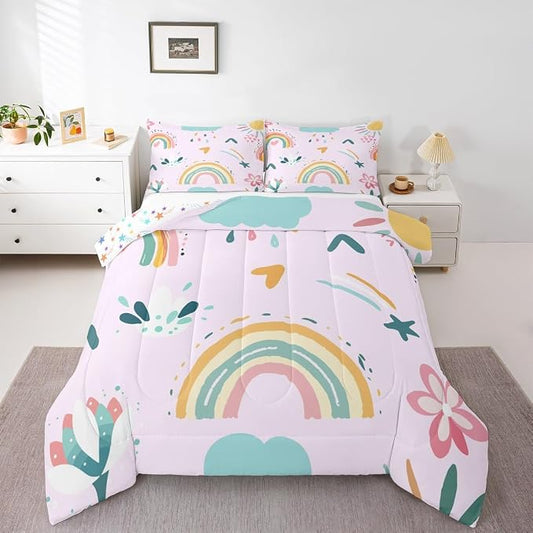 Erosebridal Rainbow Full Bedding Sets for Girls 3 Pcs, Cute Flowers Comforter Set Cartoon Rainbow Ripple Quilt, Colorful Kawaii Cloud Duvet Insert for Kids Boys Children Women Bedroom Decor, Pink by Erosebridal