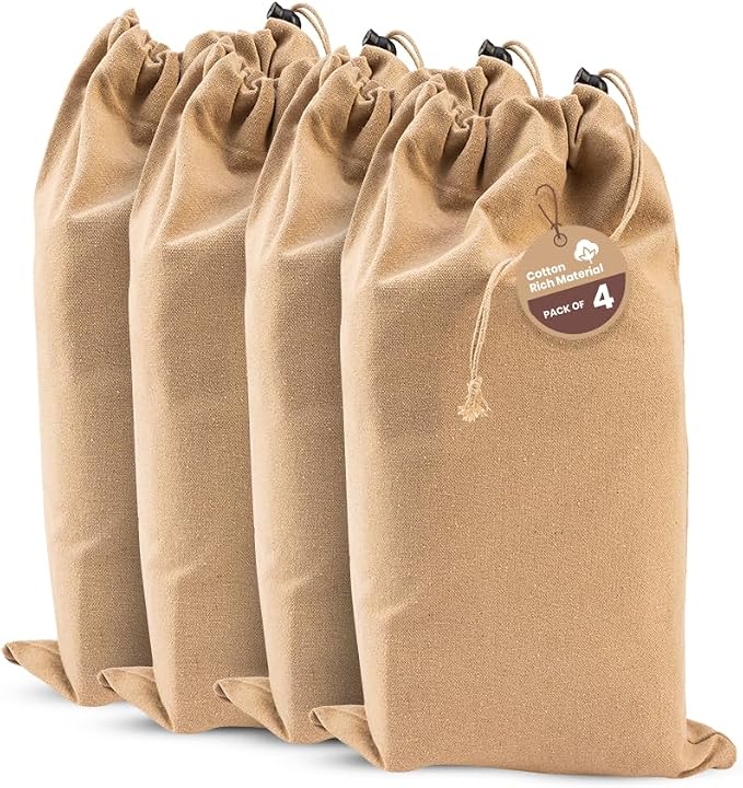 LFH Cotton Rich Shoe Storage Bags with Drawstring, Dustproof Breathable Reusable Organizer, Perfect For Travel, Dorm, Hotel, College, Gym, Easy to Carry, Machine Washable 8"x17" (Pack of 4) - Beige by LFHHomePrivateLimited