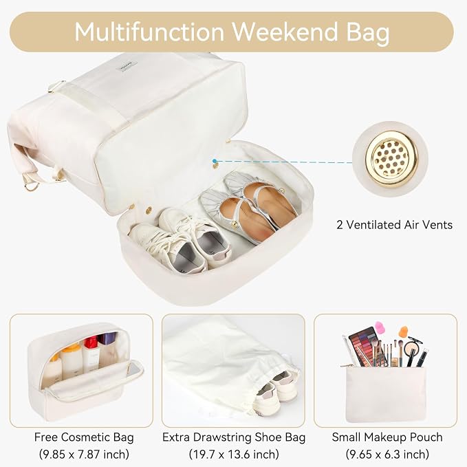 Voova Weekender Bags for Women, Large Travel Duffle Bag for Personal Item Travel with Shoes Compartment, Carry On Overnight Bag with Toiletry Bags 4 Pack Set for Men, Gym, Hospital, Yoga (Beige) - Image 3