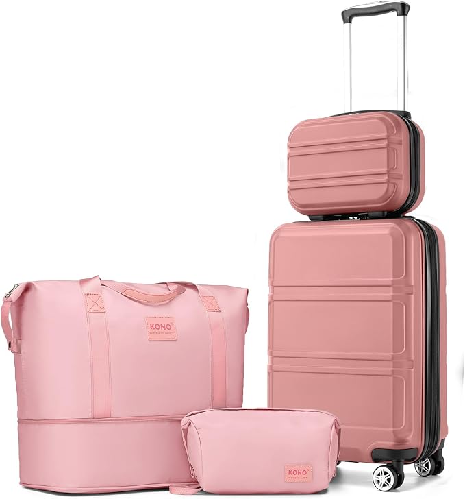 Kono Luggage Set 4 Piece Carry On Hardside Luggage with Spinner Wheels | Lightweight PC+ABS Carry On Suitcase with TSA Lock Nude/Rose Pink by Kono