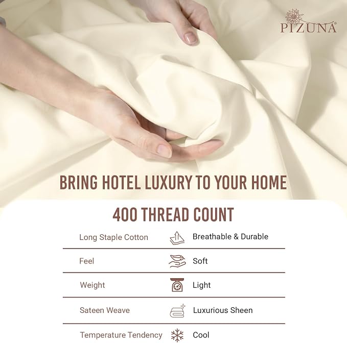 Pizuna Pure 100% Long-Staple Cotton Duvet Cover + Sheet Set Full, Luxurious 400 Thread Count Long Staple Cotton, Soft Sateen Weave Bedding Set (Ivory) - Image 5