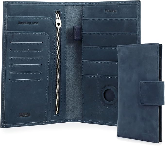CONTACTS Full Grain Leather Family Passport Holder for 4 RFID Blocking Passport Wallet Compatible with Airtag Passport Cover with 4 Passport Slot, 6 Card Slot (Blue) by CONTACTS