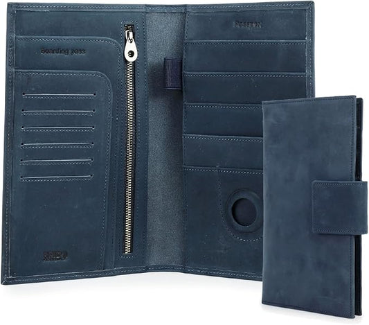 CONTACTS Full Grain Leather Family Passport Holder for 4 RFID Blocking Passport Wallet Compatible with Airtag Passport Cover with 4 Passport Slot, 6 Card Slot (Blue) by CONTACTS