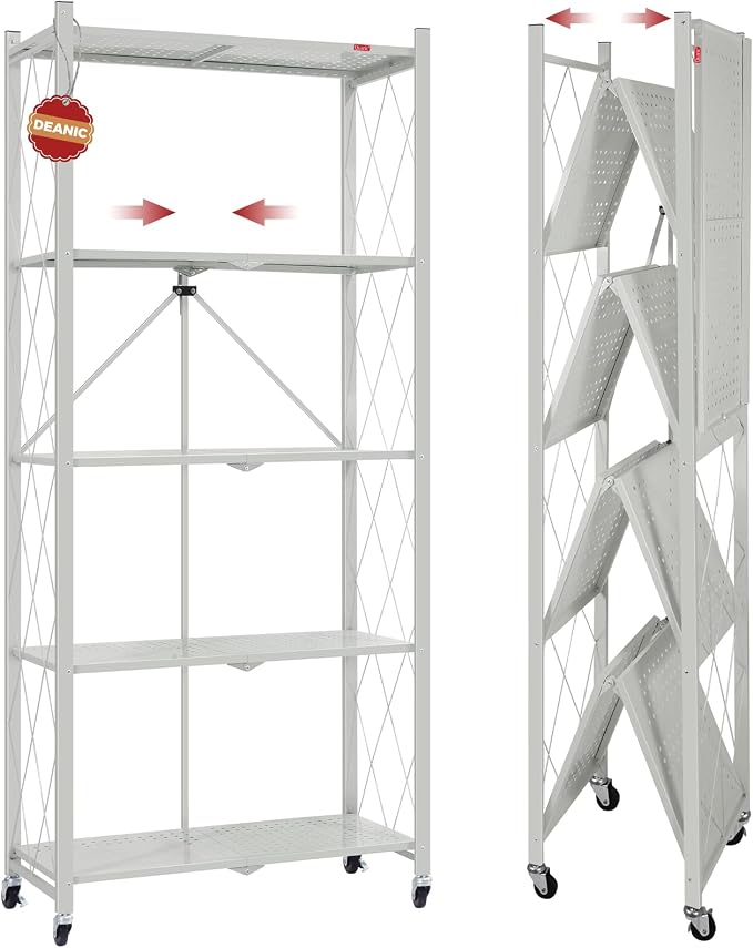 DEANIC 5 Tier Foldable Storage Shelves with Wheels, Large Capacity Shelving Unit, Freestanding Metal Wire Shelf Rack, No Assembly Organizer Rack for Garage Kitchen, Basement, Pantry(Grey) by ShowNow