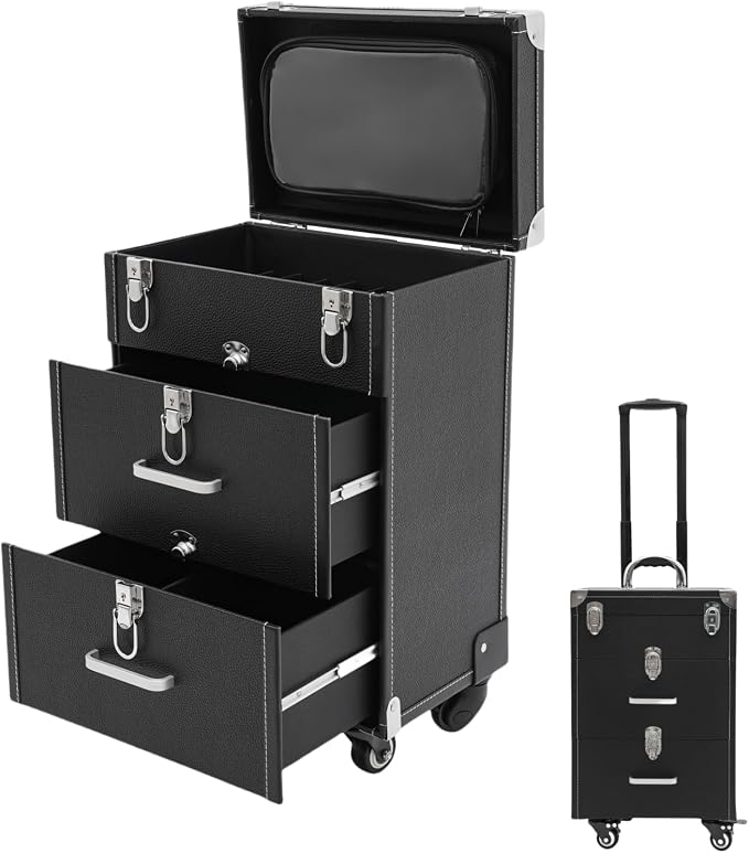 Rolling Makeup Case with Drawer Cosmetic Trolley 3 Tier Travel Cosmetic Organizer on Wheels Salon Barber Case for Makeup Artist Tattooist Nail Tech Hairstylists (Type F, Black) by Titunjian