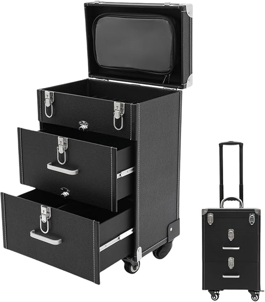 Rolling Makeup Case with Drawer Cosmetic Trolley 3 Tier Travel Cosmetic Organizer on Wheels Salon Barber Case for Makeup Artist Tattooist Nail Tech Hairstylists (Type F, Black) by Titunjian