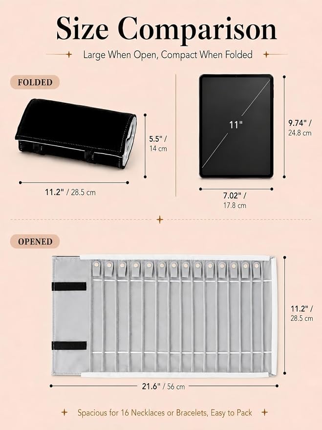 Travel Necklace Organizer, Tangle Free Jewelry Case, 16 Slots | Foldable,LightWeight Compact, Velvet Lining Jewelry Storage Bag for Chain Bracelet, Gift for Women Girls,Black and Gray - Image 2