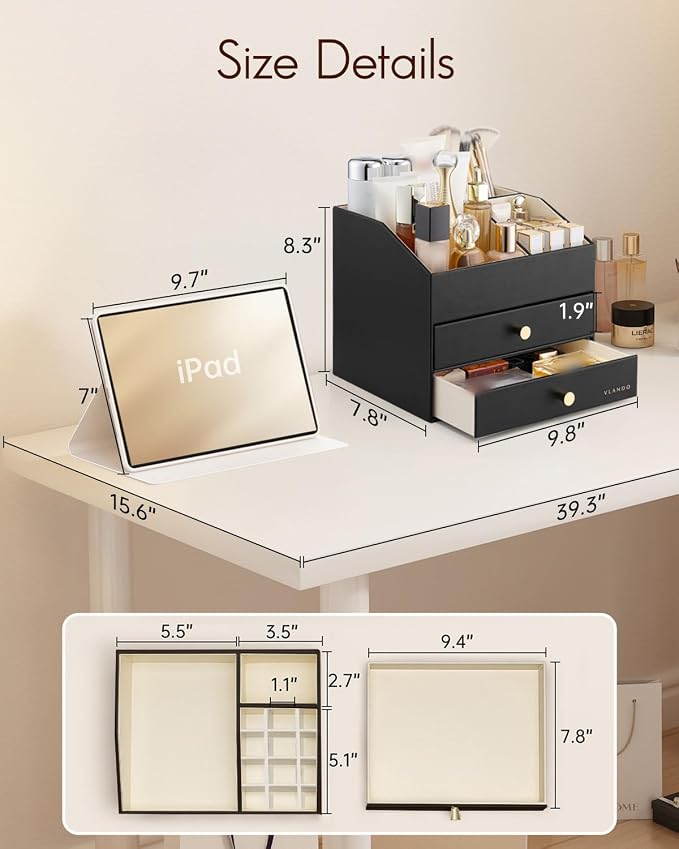 VLANDO Makeup Organizer for Vanity,Large Capacity Countertop Organizer with Drawers, PU Leather Cosmetic Display Case for Lipstick,Brushes,Skincare,Bedroom Storage (Black) - Image 4
