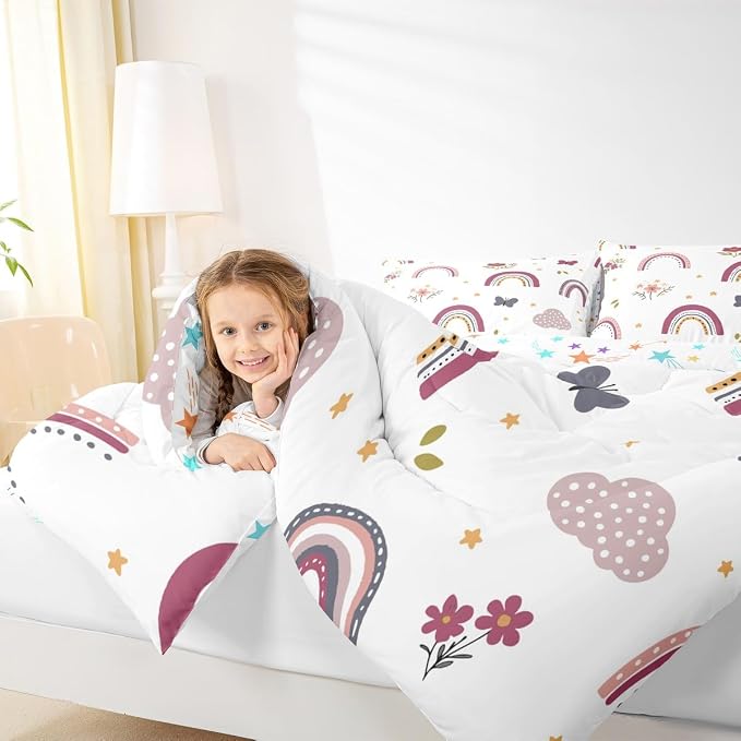 Erosebridal Rainbow Quilt for Kids, Kawaii Flower Comforter Set Cute Butterfly Duvet Insert Queen Size for Girls Boys Children Bedroom Decor, Hand Drawn Iridescent Bedding Set with 2 Pillow Cases - Image 6