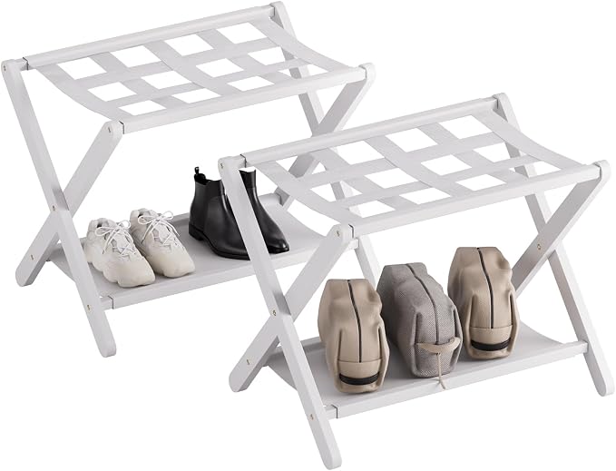 HITNET White Luggage Rack, Set of 2, Folding Suitcase Stand with Storage Shelf, Bamboo Luggage Holder with 5 Nylon Straps for Guest Room Bedroom Hotel by HITNET