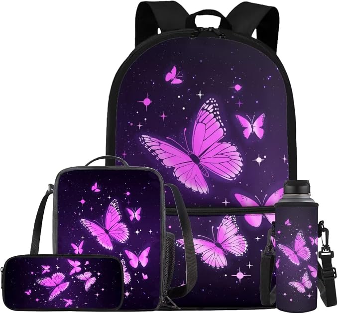 Aesthetic Butterfly Backpack for Girls Kids Backpack with Lunch Box Water Bottle Carrier with Strap and Big Pencil Case 4PCS Set Bookbag with Front Pocket for School 17" Lightweight School Bag by ELEDIZI