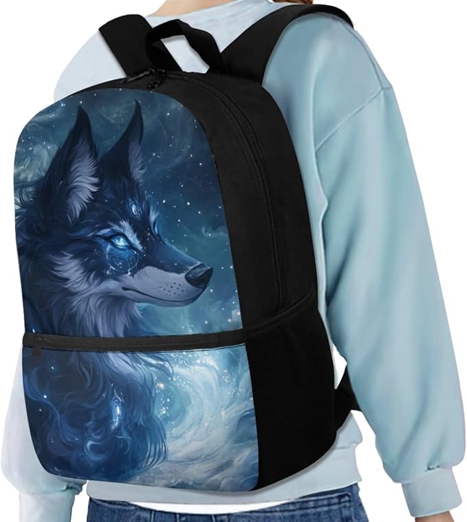 Galaxy Wolf Backpack for Boys Girls Backpack with Lunch Box Water Bottle Pouch and Large Capacity Pencil Case 4PCS Set Bookbag with Front Pocket for School 17" Lightweight School Bag for Kids - Image 2