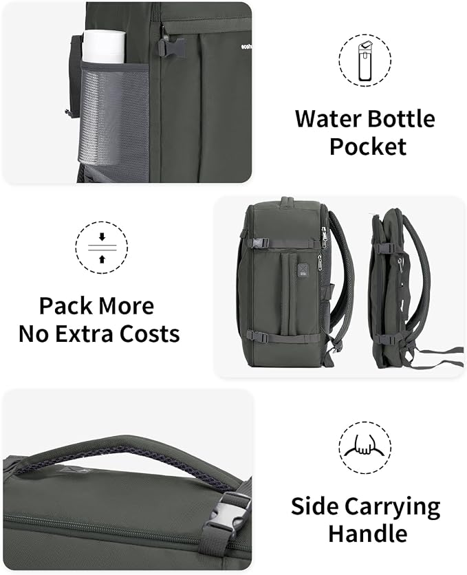 ECOHUB Travel Backpack for Men Women, Carry on Backpack with USB Charging Hole, Spirit Airlines Personal Item Bag Flight Approved, 15.6 Inch Laptop Backpack with Anti Theft Pockets, 30L, Grey Green - Image 6