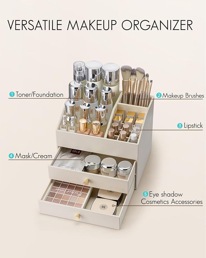 VLANDO Makeup Organizer for Vanity,Large Capacity Bathroom Counter Organizer with Drawers,PU Leather Skin Care Storage for Lipstick,Brushes,Perfumes (Beige) - Image 4