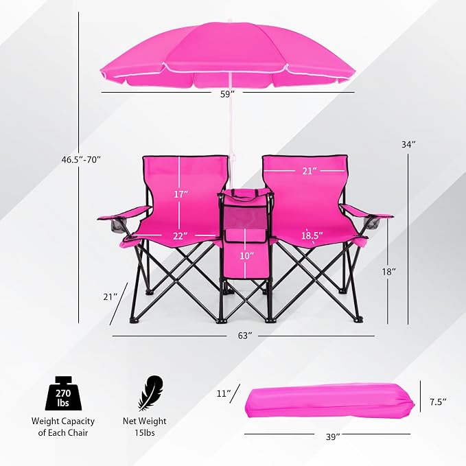 Goplus Double Camping Chair with Umbrella, Folding Loveseat Chairs w/Canopy Shade, Carrying Bag, Table, Cup Holder, Portable Beach Chairs Outdoor Picnic Patio (Pink) - Image 2
