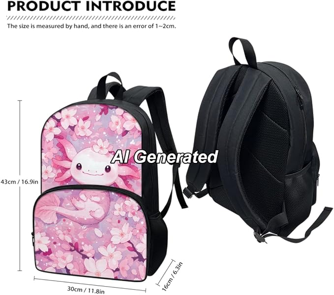 Axolotl Kids Backpack for School Girls Axolotl School Bookbag with Lunch Box Pencil Case Set 3Pcs Floral Kids 17inch Cute Schoolbag Primary Middle School - Image 3