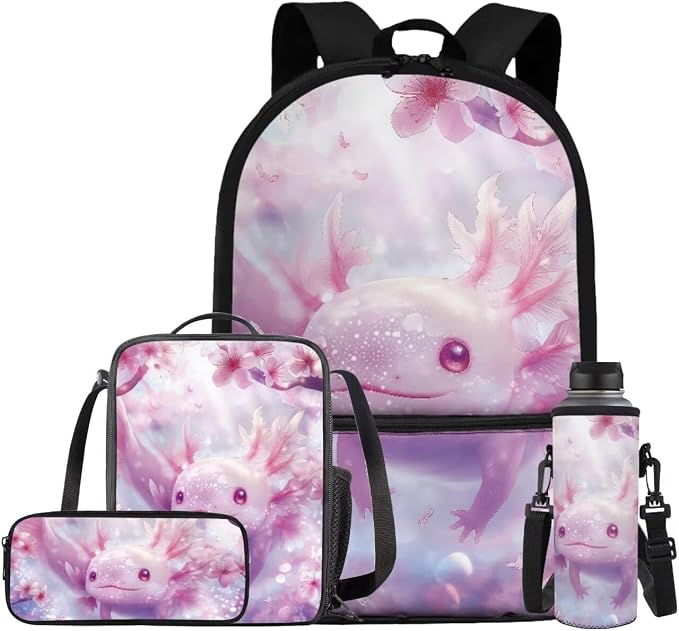 Axolotl Set of 4 Backpack for Girls 17 Inch Kids School Bag with Lunch Box Pencil Bag Water Bottle Girl Age 10-12 Portable Waterproof Bookbag for Students by Bivxisrvo