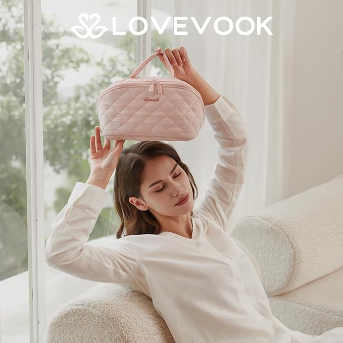 LOVEVOOK Travel Makeup Bag for Women, 2Pcs Puffer Waterproof Cosmetic Organizer, Large Capacity Pouch Open Flat Small Toiletry Bag with Brush Compartment & Handle (Pink, Large) - Image 2