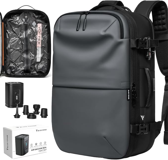 BlackVoyage Vortex Vacuum Seal Travel Backpack 60L Expandable Air Compression System Water Resistant TSA Lock Carry-On by BlackVoyage