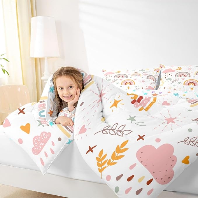 Erosebridal Girls Rainbow Quilt & 2 Pillow Cases, Pink Love Heart Comforter Set King Size Cartoon Rainbow Bedding Set Kawaii Decor, Hand Drawn Iridescent Duvet Insert for Kids Boys Teens Adult Women - Image 6