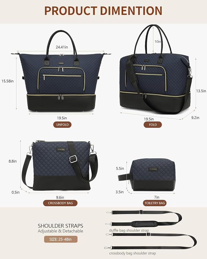 Weekender Bags for Women Travel, Under Seat Carry On Bags for Airplanes Overnight Bag with Shoe Compartment Luggage Sleeve, Foldie Travel Tote Bag Hospital Bag, Travel Gifts, Navy Black - Image 3