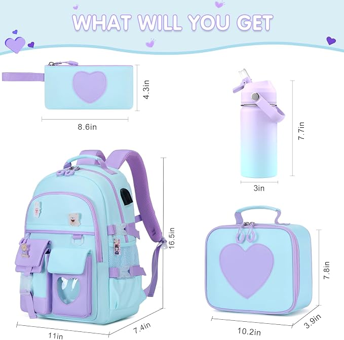 ACESAK Backpack for Girls with Insulated Water Bottle, Bookbag Backpack for Girls Kids, 14oz Kids Water Bottle Stainless Steel, Lunch Bag & Pencial Case, Back To School Gift (Blue Purple) - Image 2